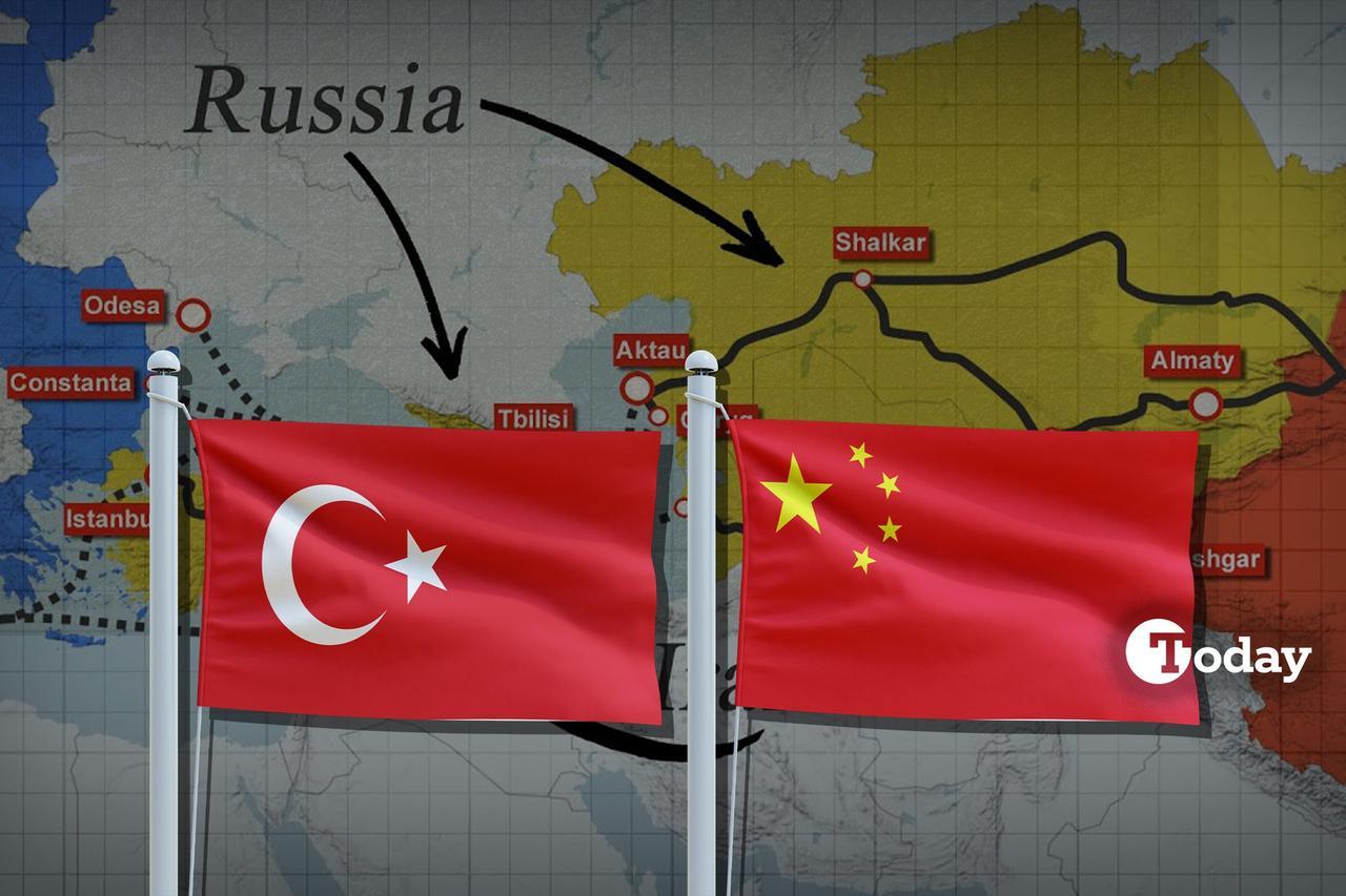 Illlustration shows flags of Türkiye and China are displayed in front of a regional trade and transit map, accessed on May 14, 2025. (Collage by Türkiye Today / Mehmet Akbas)
