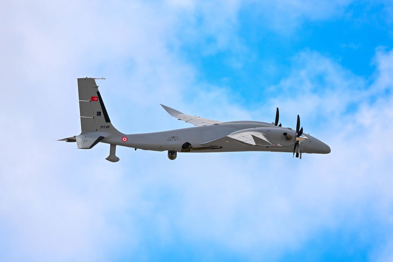 Bayraktar AKINCI UCAV performs during Turkiye's premier technology and aerospace event TEKNOFEST on the first day at Ercan Airport in Lefkosia, TRNC on May 01, 2025. (AA Photo)