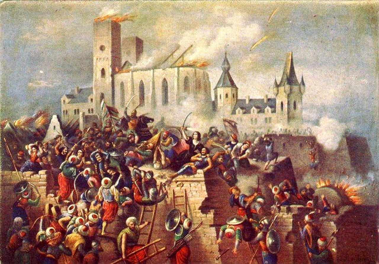 Siege of Eger Castle, 1552, painting by Béla Vízkelety (1825–1864) on a postcard