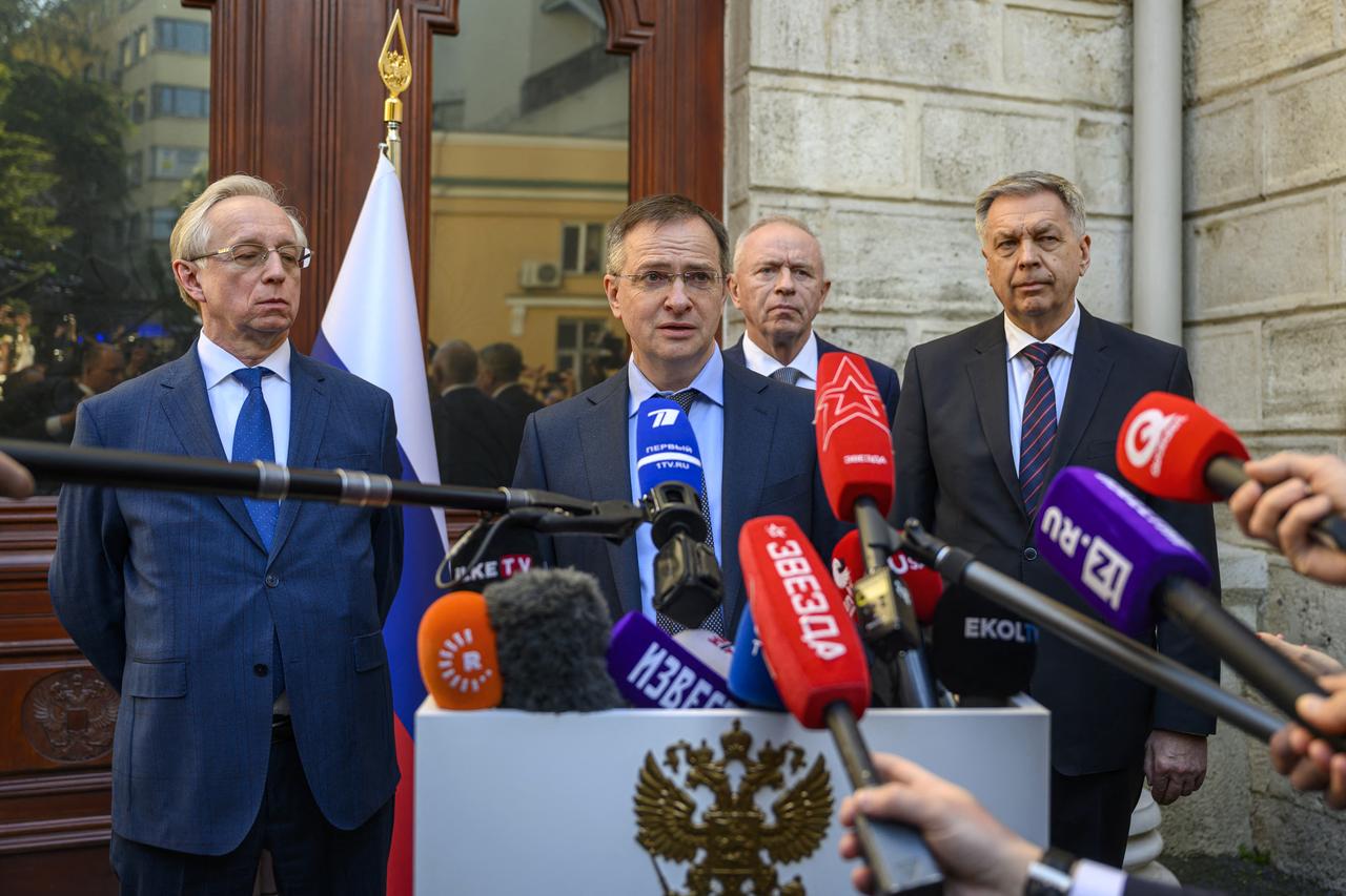 Russia's delegation head and advisor to Putin, Vladimir Medinsky, flanked by Deputy Foreign Minister Mikhail Galuzin (L) and head of Russia military intelligence (GRU) Igor Kostyukov (R), speaks to press ahead of a planned meeting between Ukrainian, American and Russian delegates in Istanbul, Türkiye on May 15, 2025. (AFP Photo)
