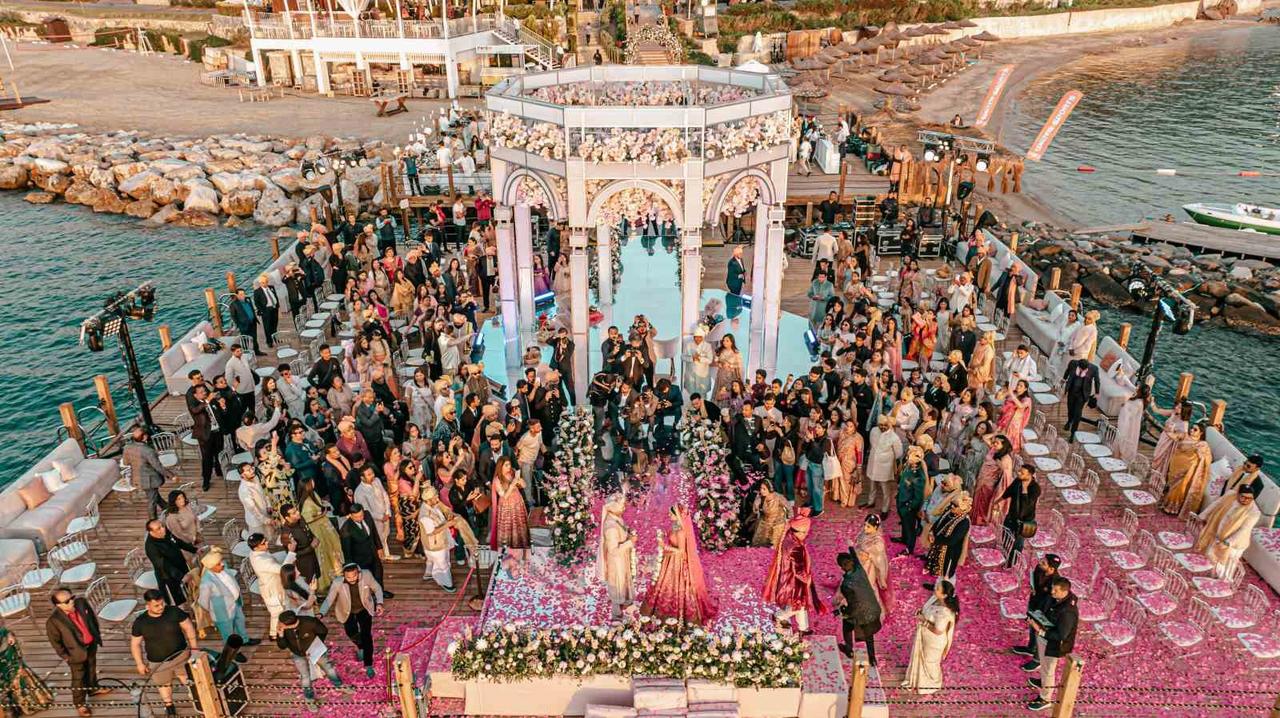 A lavish Indian wedding ceremony takes place on a seaside platform in Antalya, Türkiye, accessed on May 15, 2025. (IHA Photo)