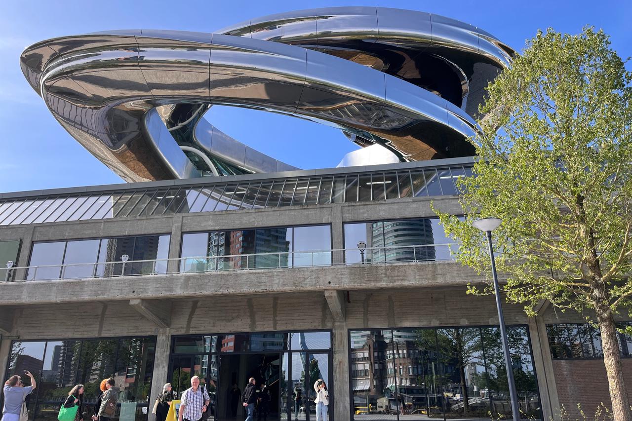 The Tornado structure of Fenix museum, designed by MAD Architects, is seen from the riverside entrance in Rotterdam, Netherlands, May 14, 2025. (Photo by Selin Hacialioglu/Türkiye Today)
