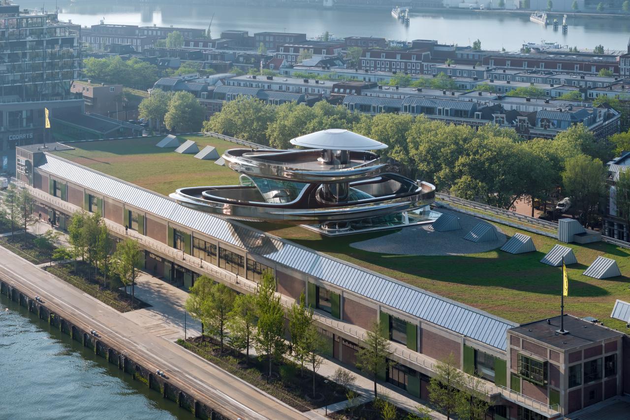 An aerial view of the Fenix museum and its Tornado in Rotterdam, Netherlands, accessed May 14, 2025. (Courtesy of Fenix Museum)