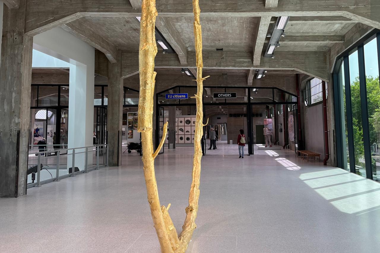 Two installations at Fenix museum: A massive sculpture of golden wire and mock immigration gates labeled “EU citizens” and “OTHERS,” Rotterdam, Netherlands, May 14, 2025. (Photo by Selin Hacialioglu/Türkiye Today)