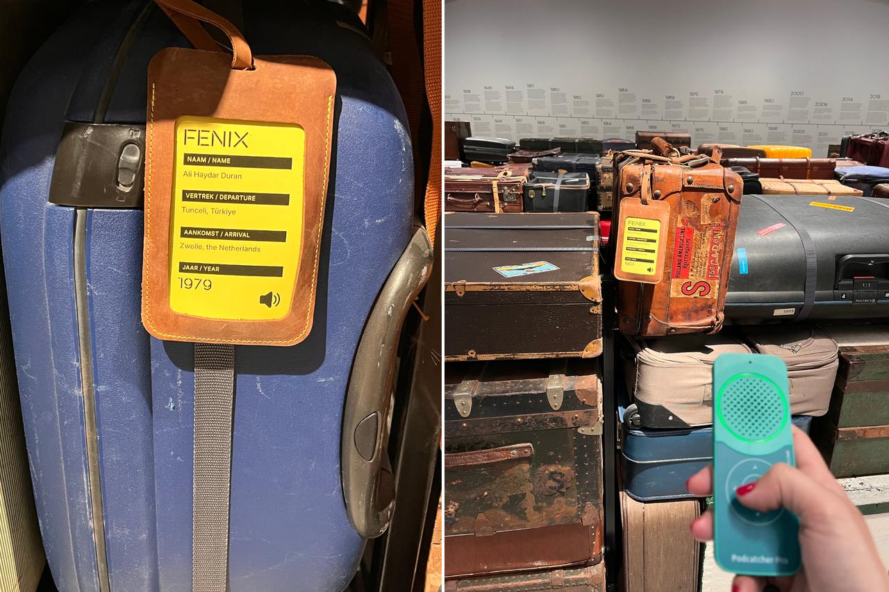 The suitcase of an immigrant named Ali Haydar Duran, who left from Tunceli and arrived in Zwolle, Netherlands, in 1979, is exhibited in the Suitcase Labyrinth of Fenix museum, Rotterdam, Netherlands, May 14, 2025. (Photo by Selin Hacialioglu/Türkiye Today)