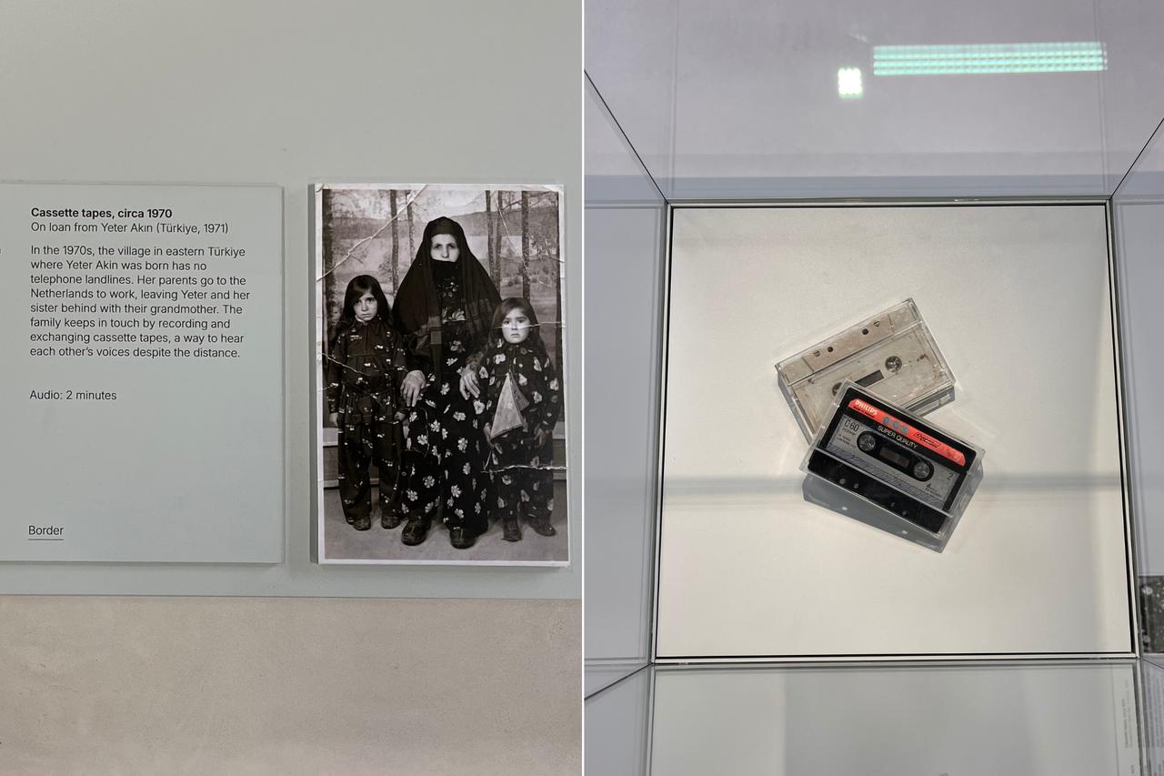 Cassette tapes shared between family members separated by labor migration from eastern Türkiye to the Netherlands in the 1970s are exhibited at the Fenix museum in Rotterdam, Netherlands, May 14, 2025. (Photo by Selin Hacialioglu/Türkiye Today)