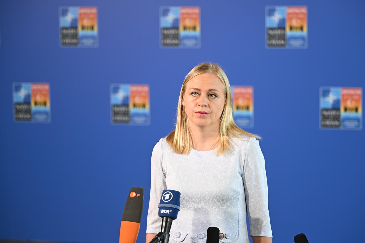 Finnish Foreign Minister Elina Valtonen speaks to the press members ahead of the NATO Foreign Ministers' Informal Meeting held at the NEST Congress Center in Belek, Antalya, Turkiye on May 15, 2025. (AA Photo)