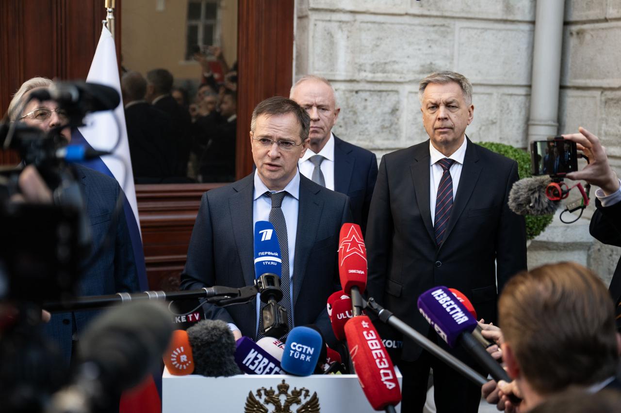 Vladimir Medinskiy, Counselor to Russian President Vladimir Putin, speaks to press during the statement of the Russian delegation in Istanbul, Türkiye on May 15, 2025. (AA Photo)
