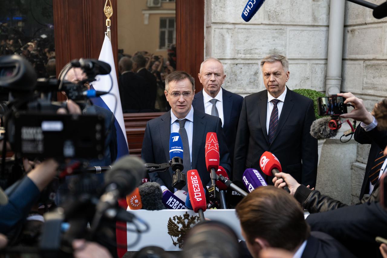 Vladimir Medinskiy, Counselor to Russian President Vladimir Putin, speaks to press during the statement of the Russian delegation in Istanbul, Türkiye on May 15, 2025. (AA Photo)