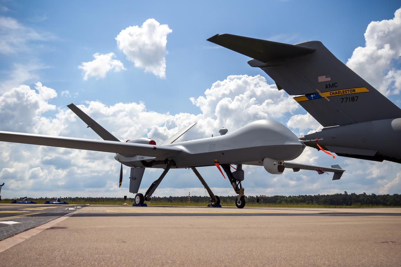 A General Atomics MQ-9 Reaper military drone is displayed on the tarmac in Berlin, Germany, on June 2, 2016. (Adobe Stock Photo)