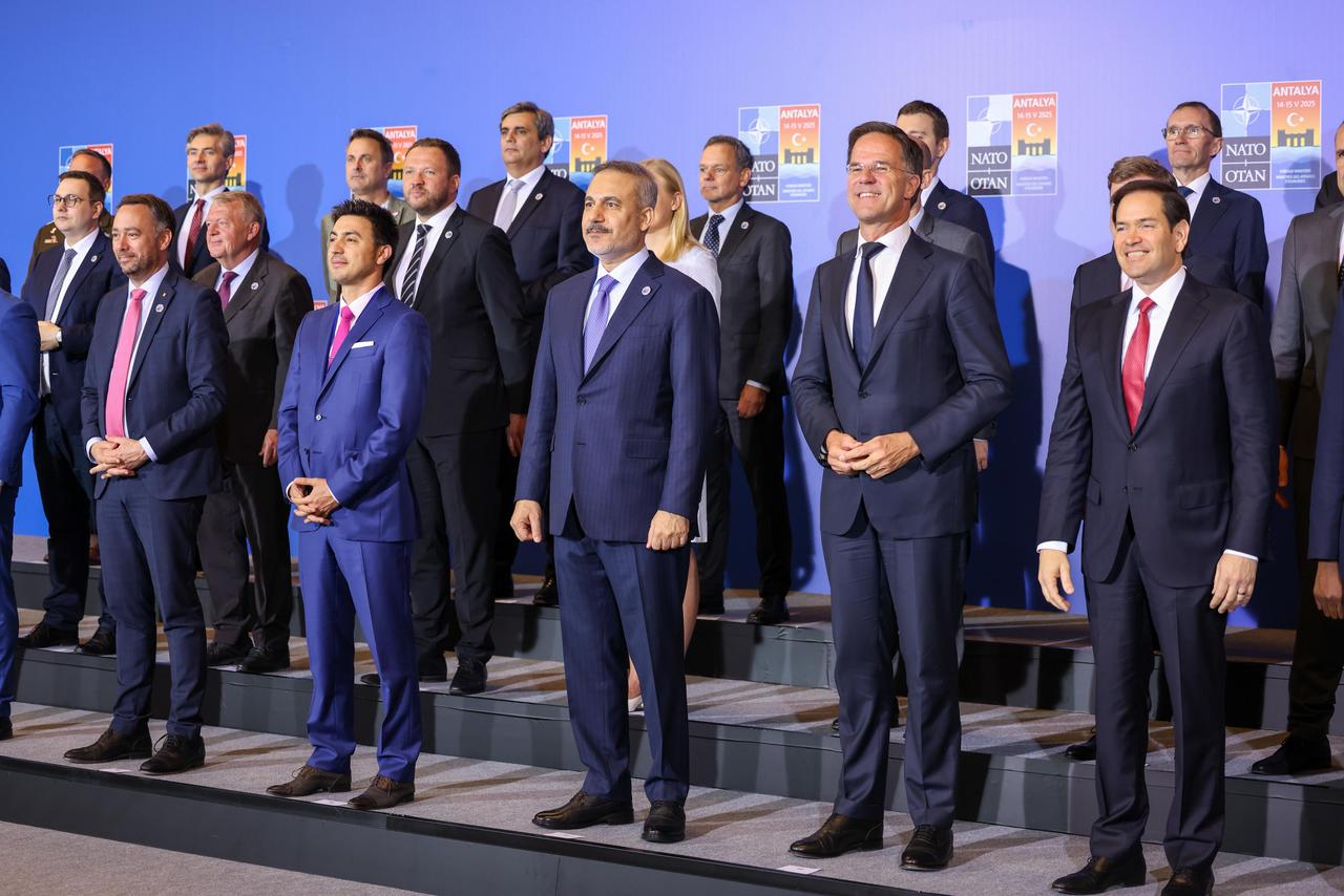 Foreign Minister Hakan Fidan poses for a family photo ahead of the NATO Foreign Ministers Informal Meeting held at the NEST Congress Center in Belek, Antalya, Türkiye on May 15, 2025. (AA Photo)