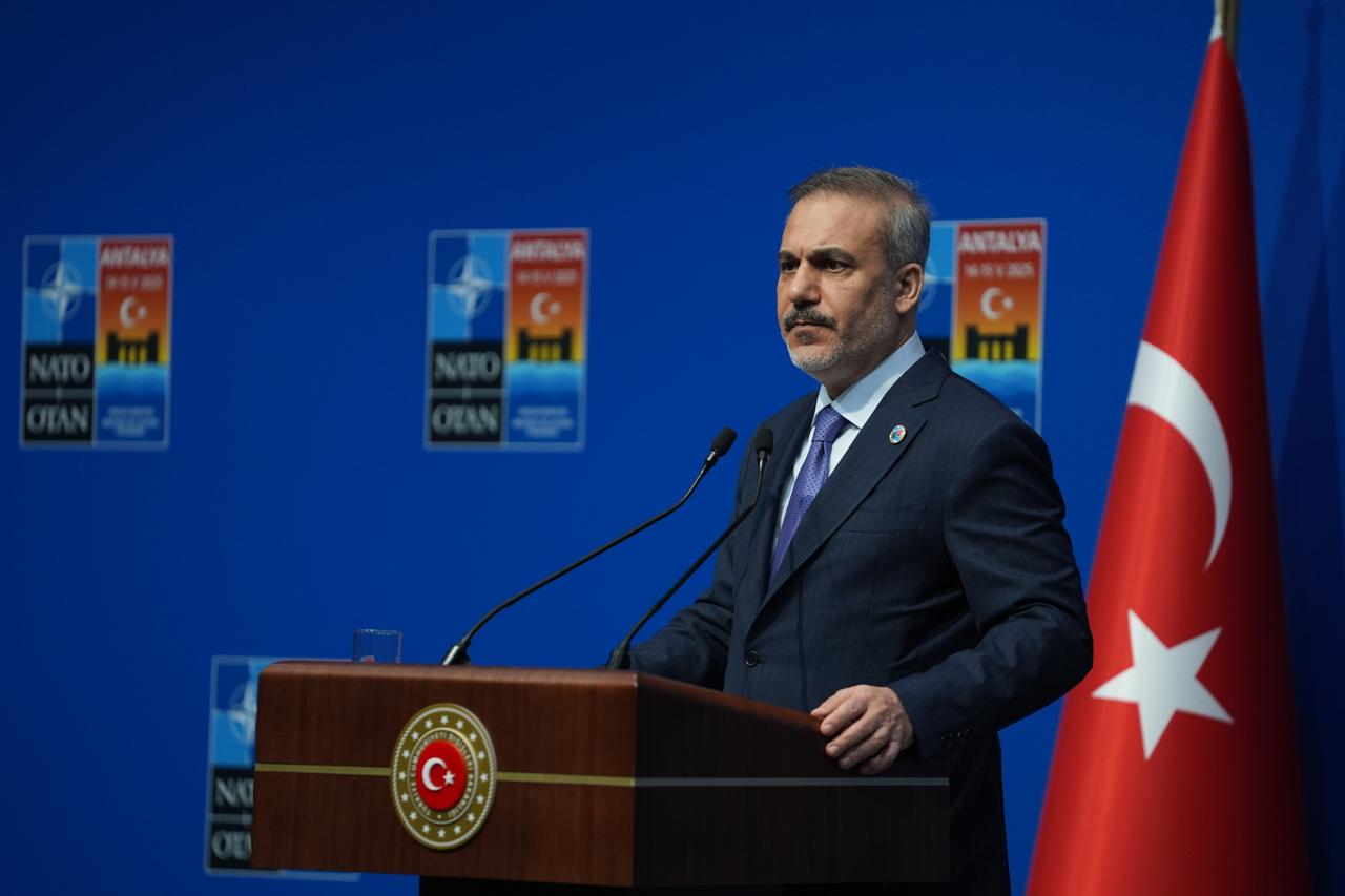 Foreign Minister Hakan Fidan answers the questions of the press following the NATO Foreign Ministers Informal Meeting at the NEST Congress Center in Belek, Antalya, Türkiye on May 15, 2025.  (AA Photo)