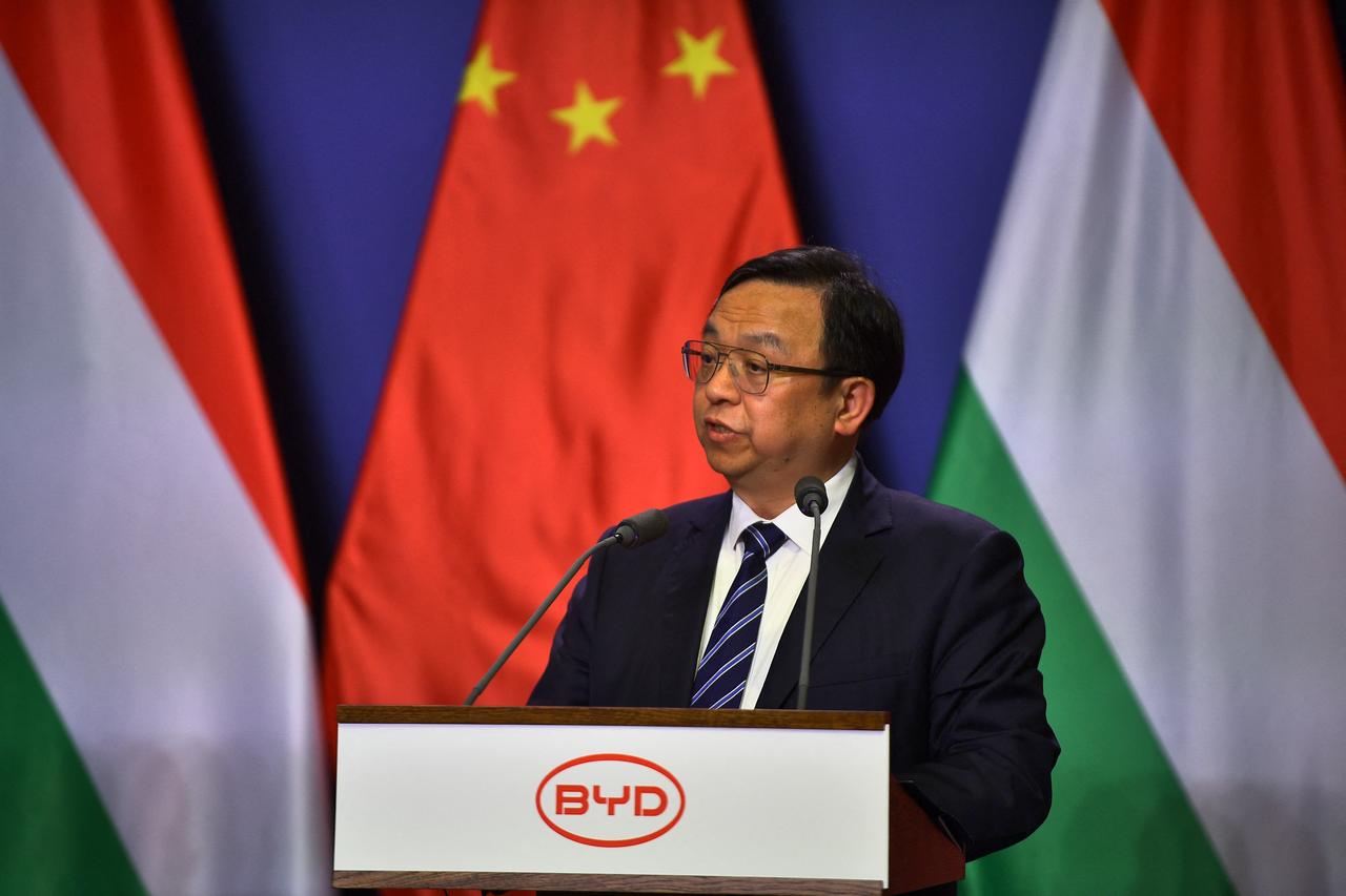 BYD Group Chairman and President Wang Chuanfu holds a joint press conference with China's Deputy Party Secretary and Governor of Guangdong and Hungary's Prime Minister in the Prime Minister’s Office in Carmelita Monastery in Budapest, Hungary, on May 15, 2025. (AFP Photo)