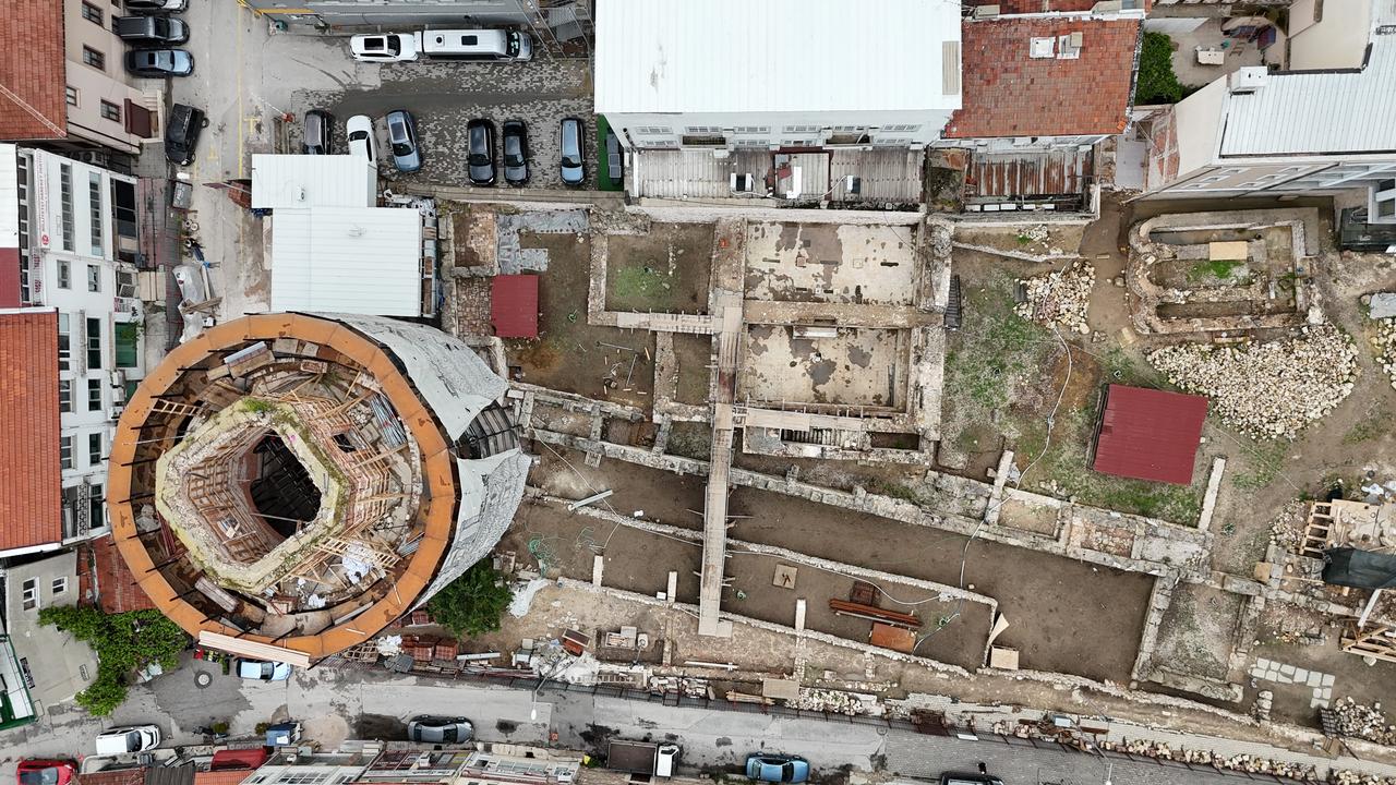 An aerial view of the restoration works on the historical city walls dating back to the time of Roman Emperor Hadrian in Edirne, Türkiye, May 14, 2025. (IHA Photo)