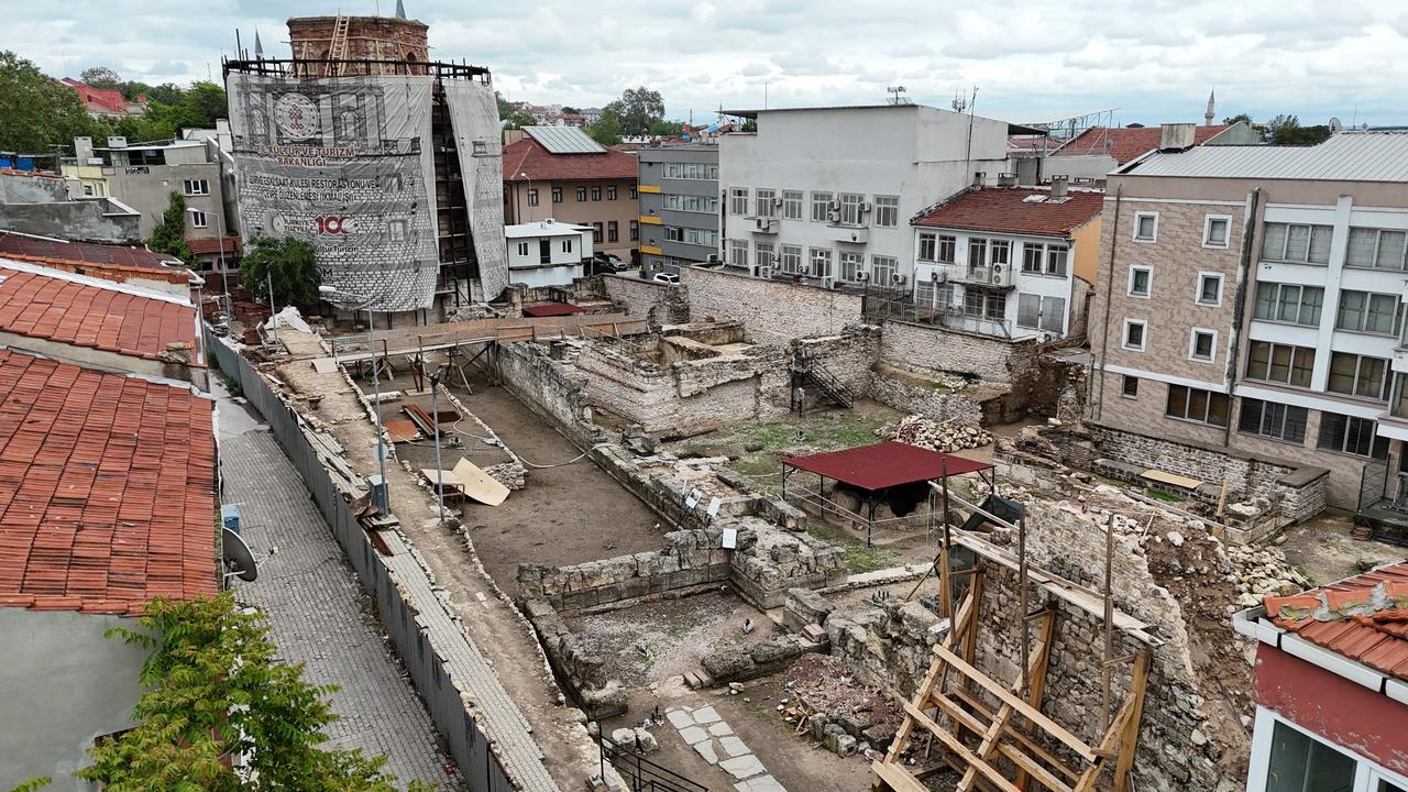 An aerial view of the restoration works on the historical city walls dating back to the time of Roman Emperor Hadrian in Edirne, Türkiye, May 14, 2025. (IHA Photo)