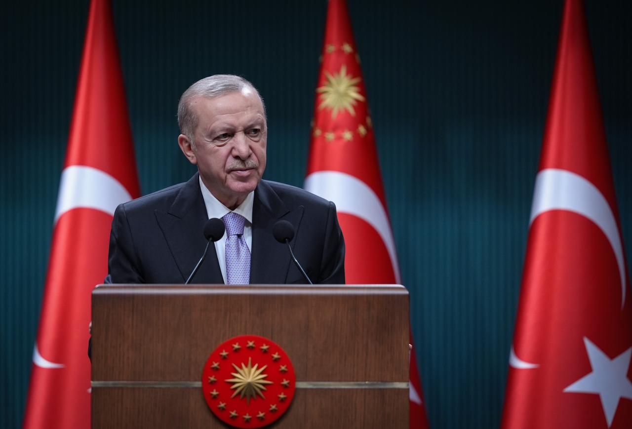 President Recep Tayyip Erdogan makes a statement to the press members after chairing the Cabinet Meeting held at the Presidential Complex in Ankara, Türkiye on May 12, 2025. (AA Photo)