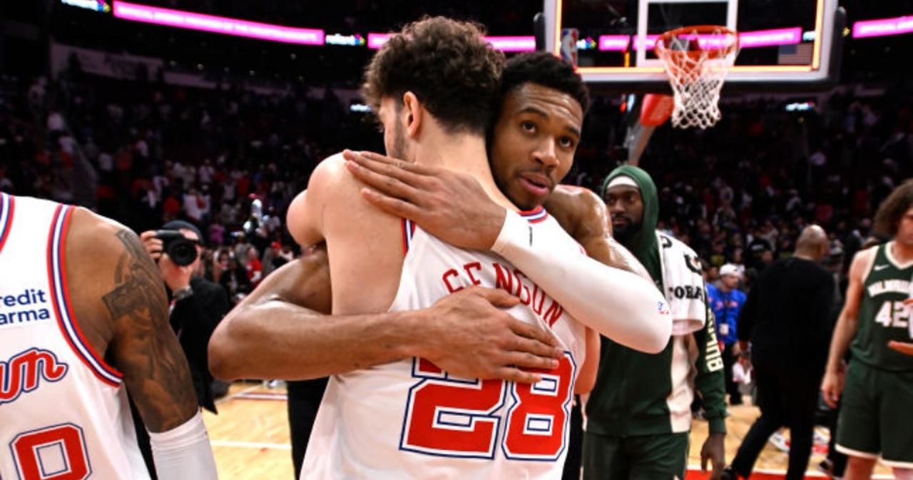 Alperen Sengun #28 of the Houston Rockets embraces Giannis Antetokounmpo #34 of the Milwaukee Bucks after the game on January 6, 2024 at the Toyota Center in Houston, Texas., Jan. 6, 2024. (AFP Photo)