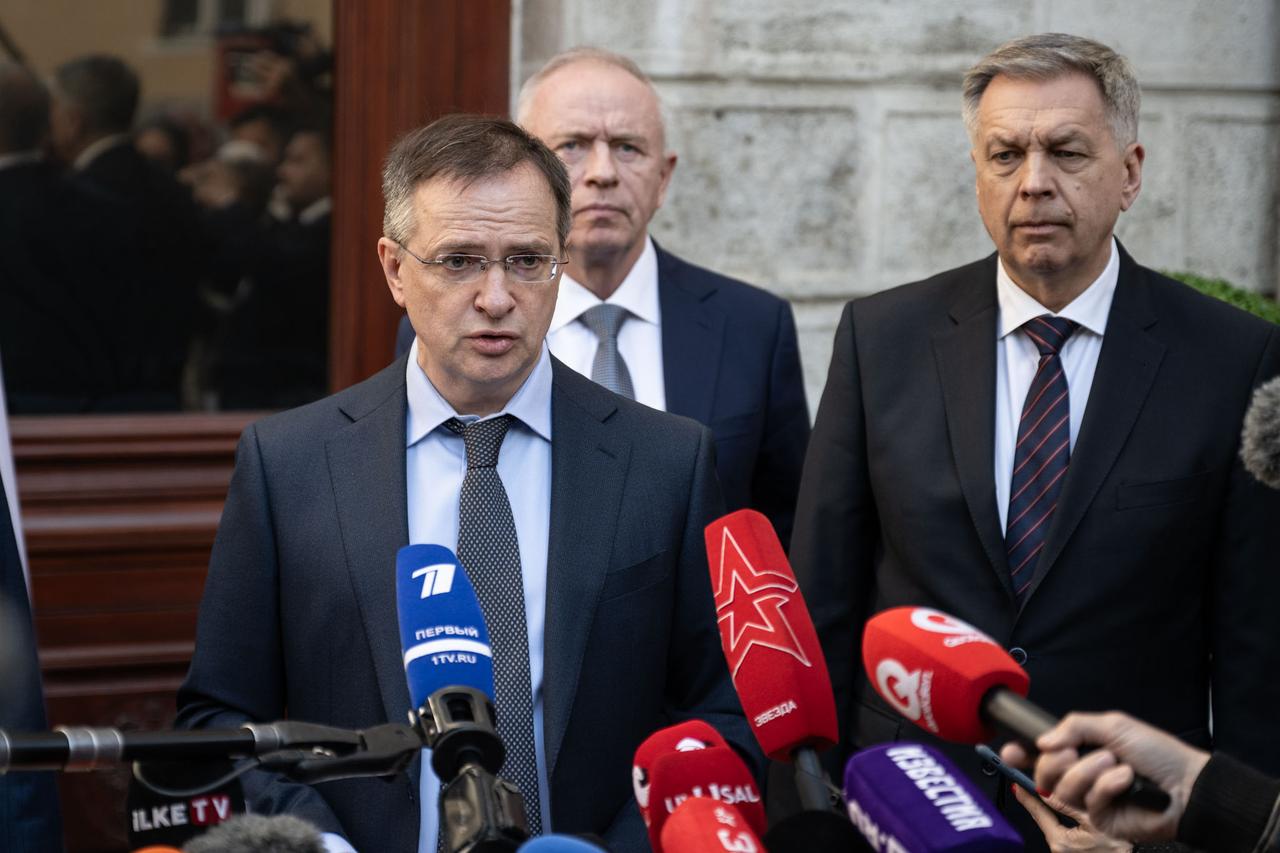 ISTANBUL, ANKARA - MAY 15: Vladimir Medinskiy, Counselor to Russian President Vladimir Putin, speaks to press during the statement of the Russian delegation in Istanbul, Turkiye on May 15, 2025. ( Cem Tekke?ino?lu - Anadolu Agency )