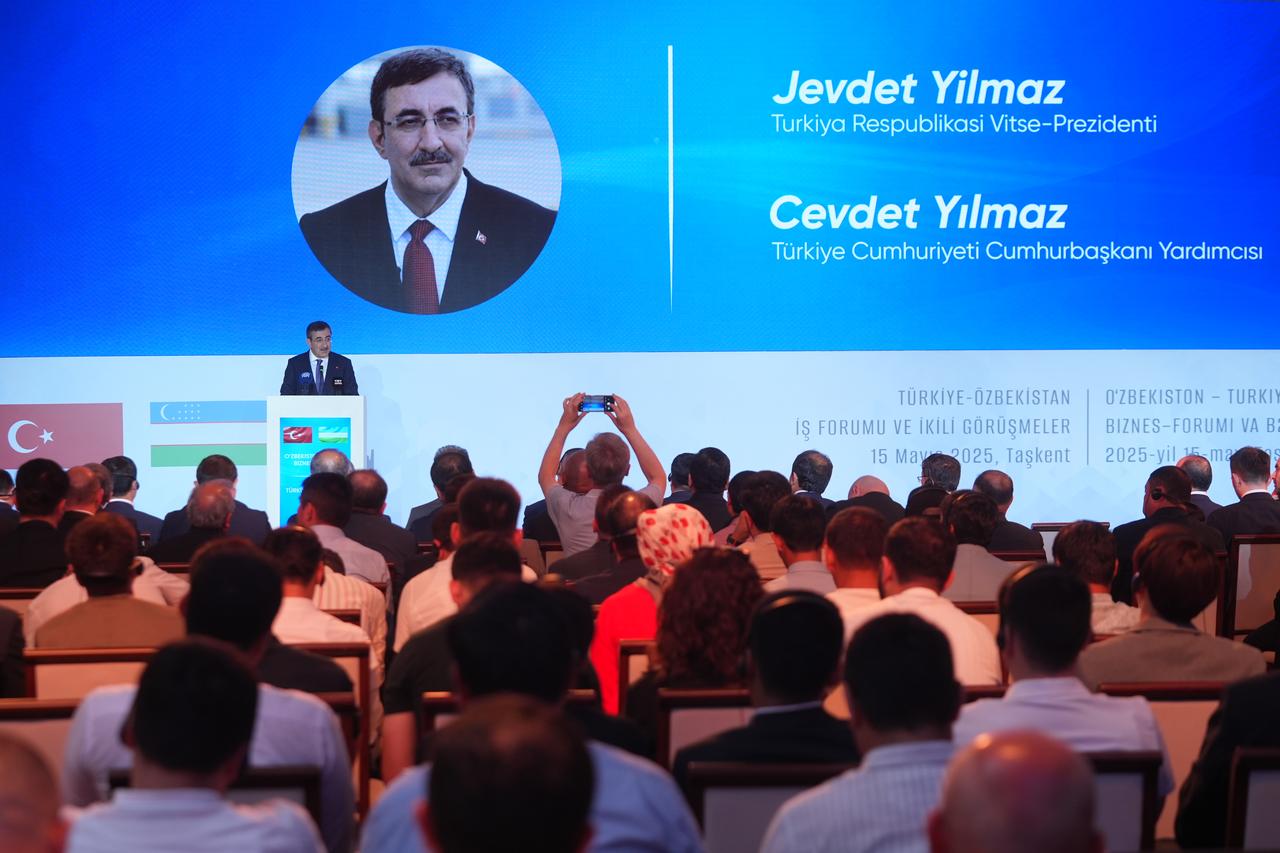 Turkish Vice President Cevdet Yilmaz delivers a speech during the Türkiye-Uzbekistan Business Forum held at Tashkent Technopark as part of his visit to Uzbekistan, in Tashkent, Uzbekistan, on May 15, 2025. (AA Photo)