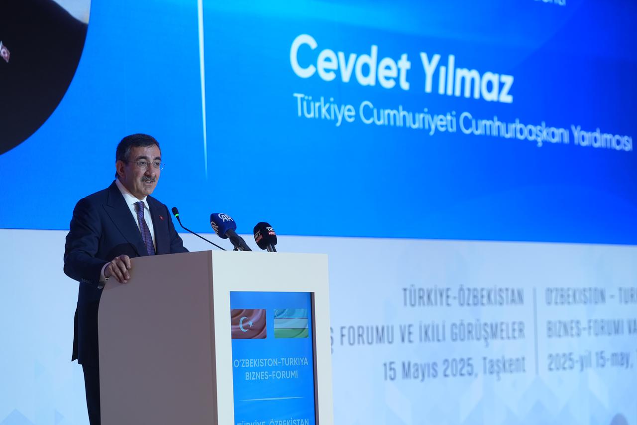 Turkish Vice President Cevdet Yilmaz delivers a speech during the Türkiye-Uzbekistan Business Forum held at Tashkent Technopark as part of his visit to Uzbekistan, in Tashkent, Uzbekistan, on May 15, 2025. (AA Photo)