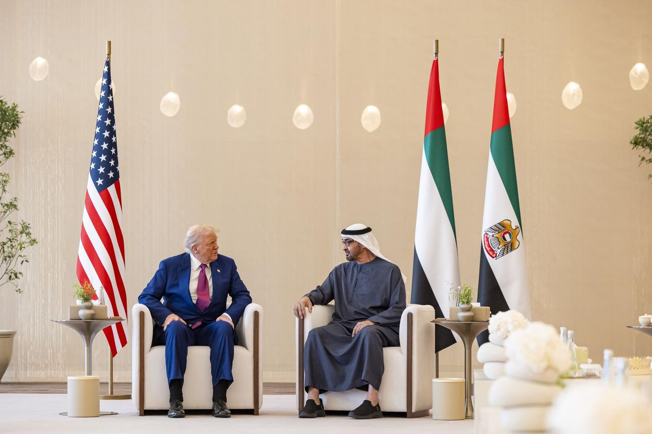 U.S. President Donald Trump (L) meets with UAE President Mohamed bin Zayed Al Nahyan (R) during an official visit to Abu Dhabi, United Arab Emirates, as part of the third leg of his Middle East tour, on May 15, 2025. (AA Photo)