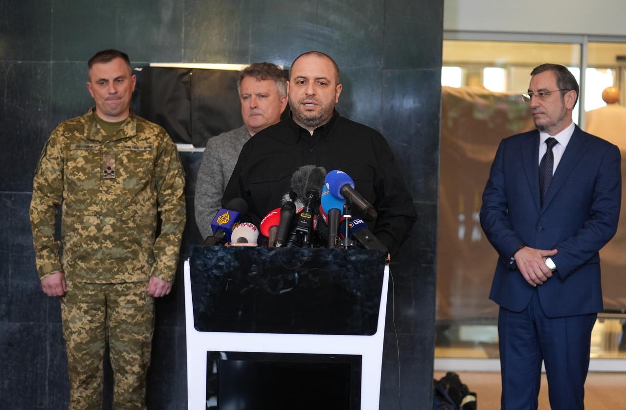 Ukrainian Defense Minister Rustem Umerov speaks to press after the trilateral meeting among Türkiye, Russia, and Ukraine aimed at seeking peace between Moscow and Kyiv, at Dolmabahce Presidential Office in Istanbul, Türkiye on May 16, 2025. (AA Photo)