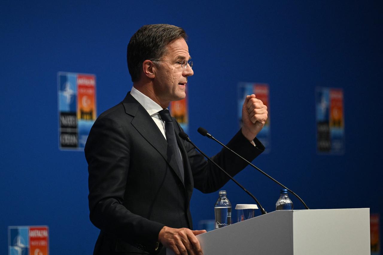 NATO Secretary General Mark Rutte addresses a press conference following an informal meeting of The North Atlantic Treaty Organisation (NATO) foreign ministers ahead of potential peace talks between Ukraine and Russia in Turkey, in Antalya, on May 15, 2025. (Photo by Ozan KOSE / AFP)