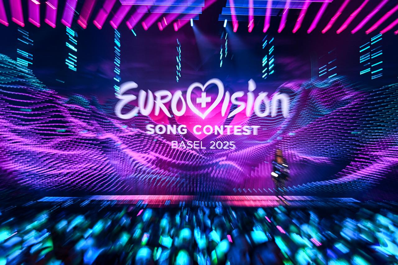 Logo of the Eurovision Song Contest 2025 displayed on a screen at the end of the dress rehearsal for the second semi-final of the Eurovision Song Contest 2025 at the St. Jakobshalle arena in Basel on May 14, 2025. (AFP Photo)