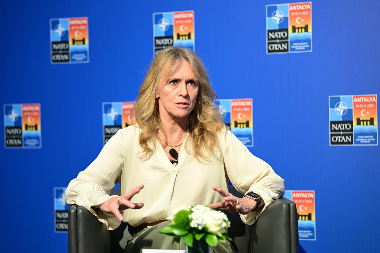Icelandic Foreign Minister Thorgerdur Katrin Gunnarsdottir made evaluations to AA correspondent at the NATO Foreign Ministers Informal Meeting held at the NEST Congress Center in Antalya, Türkiye on 17 May, 2025. (AA Photo)
