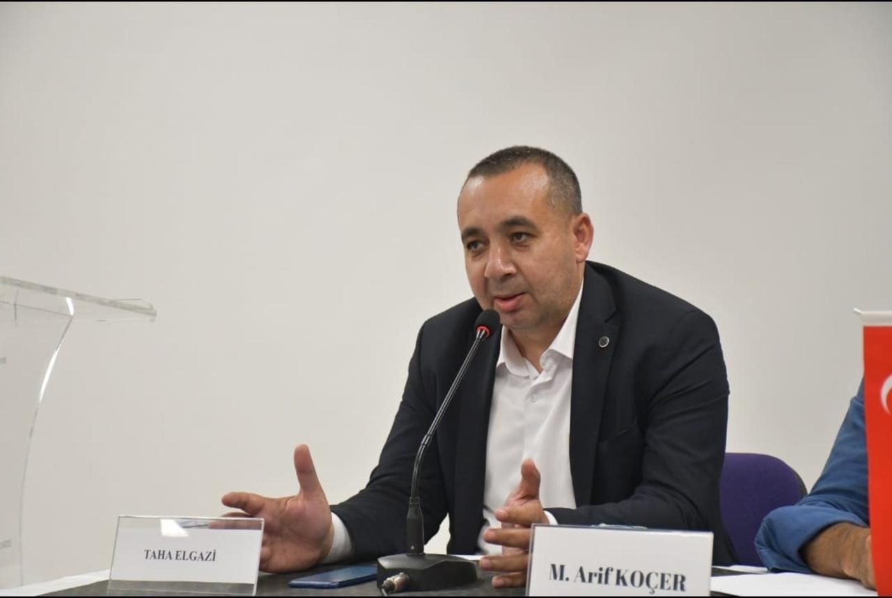 Taha al-Ghazi delivers a speech during an event in Istanbul in 2024. (Facebook/@savas.das.9))