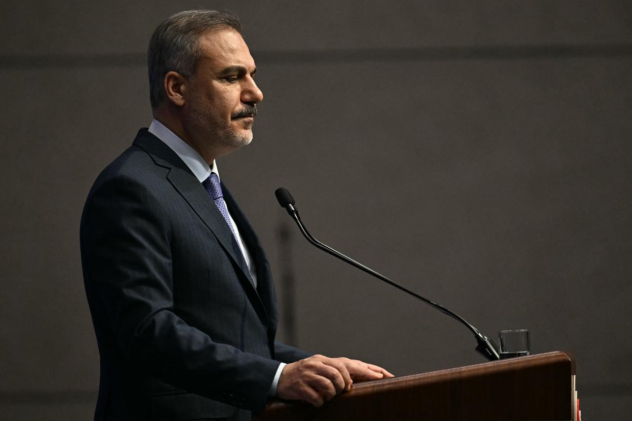 Turkish Foreign Minister Hakan Fidan addresses a press conference following an informal meeting of The North Atlantic Treaty Organisation (NATO) foreign ministers ahead of potential peace talks between Ukraine and Russia in Türkiye, in Antalya, on May 15, 2025. (AFP Photo)