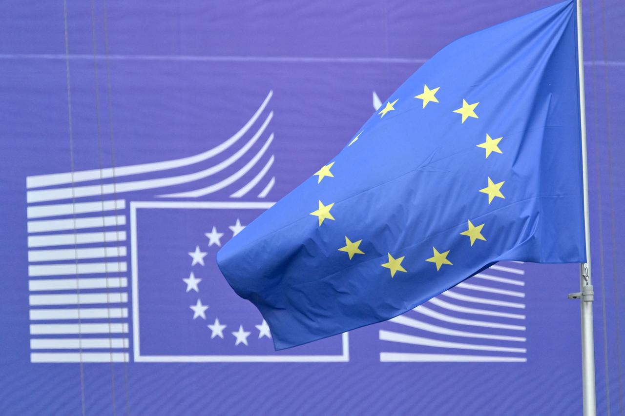 This photograph shows a European flag flying outside the EU headquarters in Brussels on May 6, 2025. (AFP Photo)