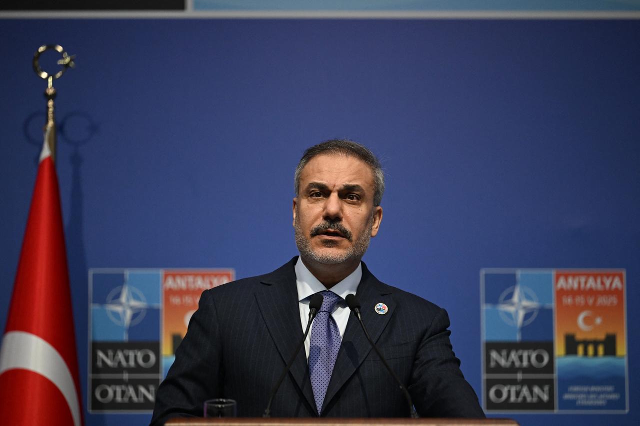 Foreign Minister Hakan Fidan addresses a press conference following an informal meeting of The North Atlantic Treaty Organisation (NATO) foreign ministers ahead of potential peace talks between Ukraine and Russia in Türkiye, in Antalya, on May 15, 2025. (AFP Photo)
