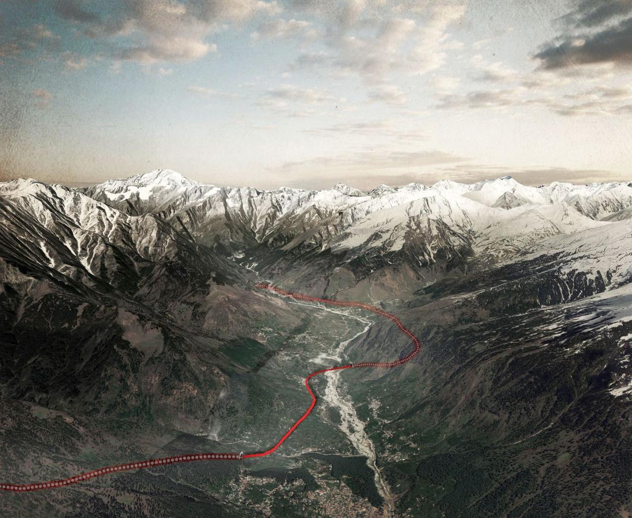 A visual rendering of the Bilaspur–Manali–Leh railway alignment cutting through the Himalayan valley, illustrating the route’s passage through ecologically sensitive terrain near the India–China border, accessed on May 18, 2025. (Photo via yukselproje.com.tr)