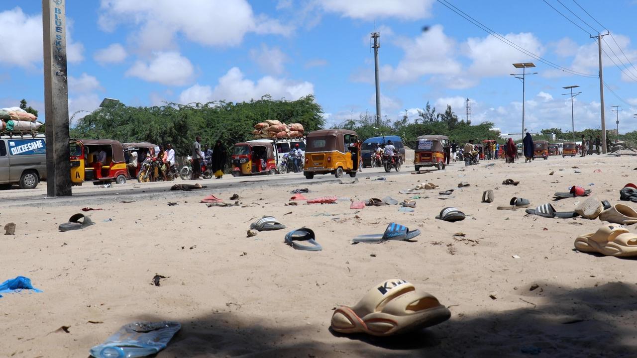 A view of slippers outside a military camp after a suicide bomber blew himself leaving at least 11 people killed and 20 others wounded at the Hodan district in Mogadishu, Somalia on May 18, 2025. (AA Photo)