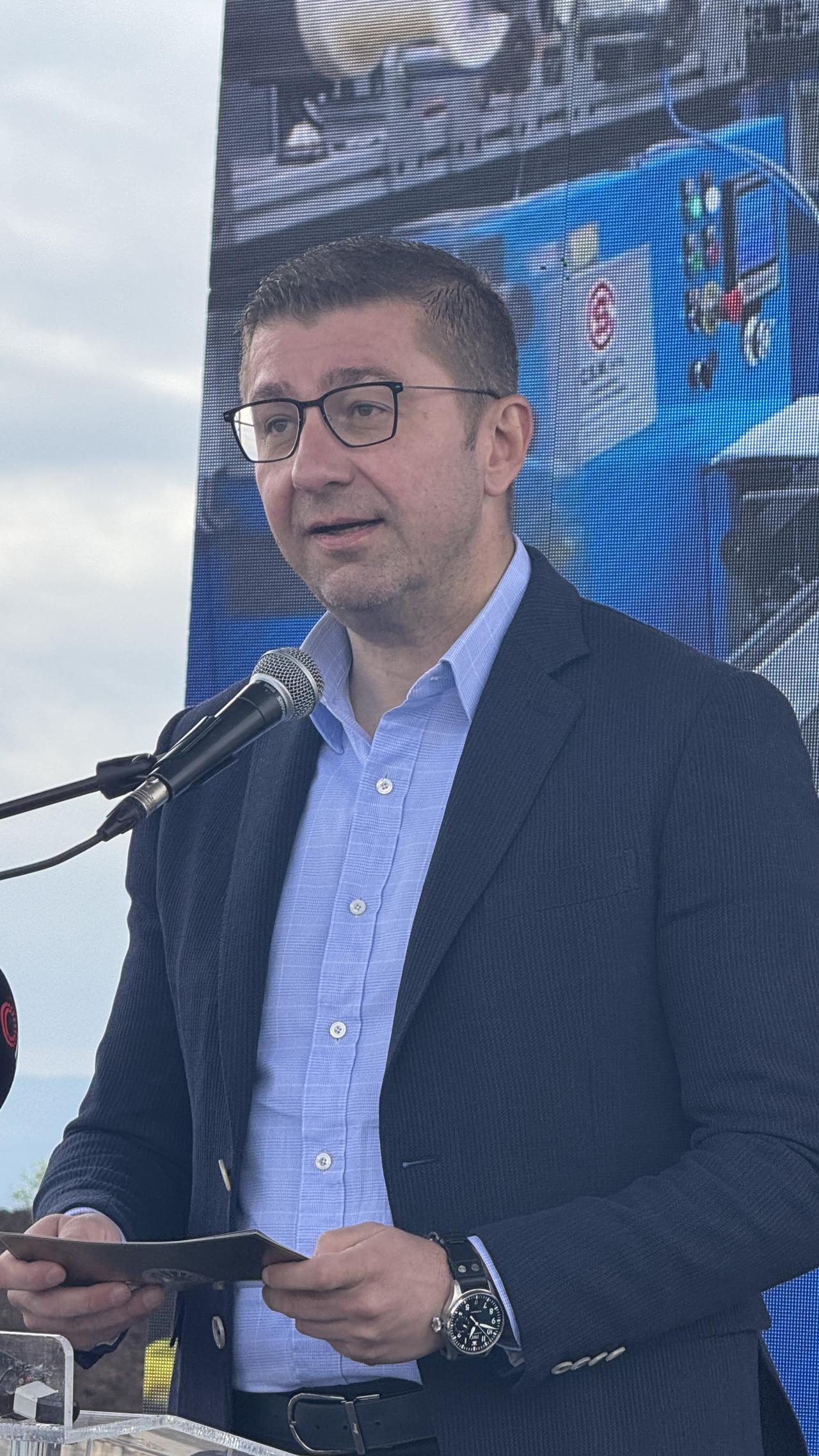 North Macedonia’s Prime Minister Hristijan Mickoski delivers remarks at the foundation-laying ceremony for the Turkish firm's new factory in Skopje, North Macedonia, on May 17, 2025. (AA Photo)