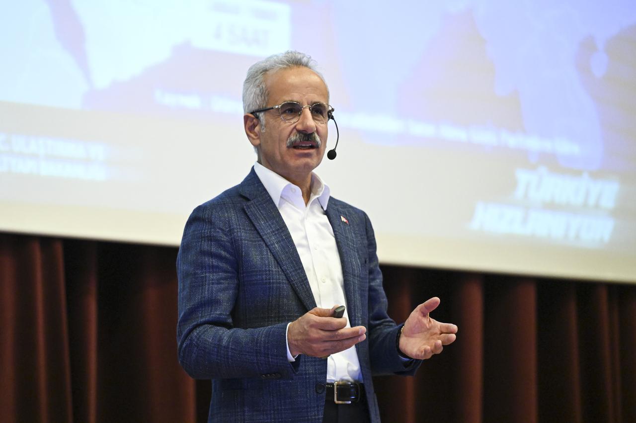 Abdulkadir Uraloglu, Minister of Transport and Infrastructure, made a speech at the “MTTB National Technology Academy” held at the Headquarters of the National Union of Turkish Students (MTTB) 17 May, 2025. (AA Photo)