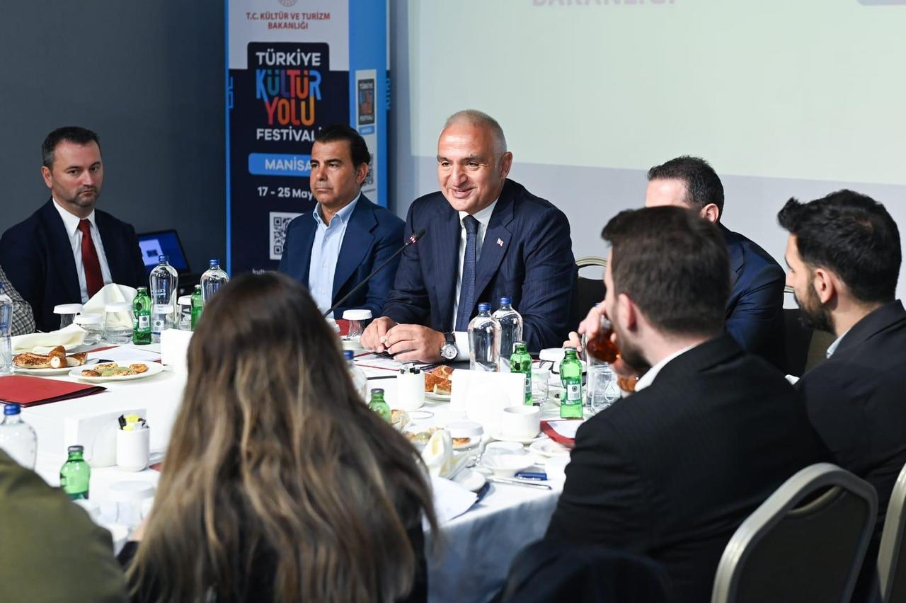 Türkiye's Culture and Tourism Minister Mehmet Nuri Ersoy addresses members of the press during a roundtable meeting as part of the Türkiye Culture Route Festival in Manisa, Türkiye, on May 17, 2025. (Photo via turkiyegazetesi.com.tr)