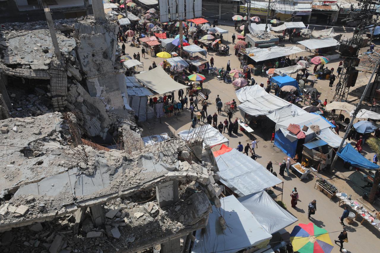 A view from the bazaar at Nuseirat Refugee camp where Palestinian marketers offer for sale the few food and basic life necessities they have left in the market in Gaza City, Gaza on May 10, 2025. (AA Photo)