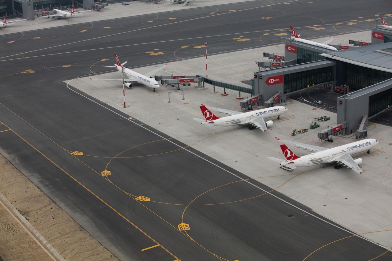 Turkish Airlines aircraft are seen parked at gates at Istanbul Airport, Türkiye on October 8, 2023.