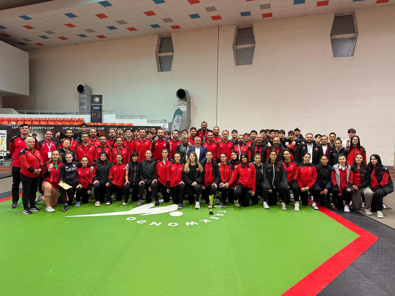 The image shows the Turkish taekwondo team and delegation posing for a group photograph at the 10th WT Presidents Cup in Sofia, Bulgaria ion May 19, 2025. (AA Photo)