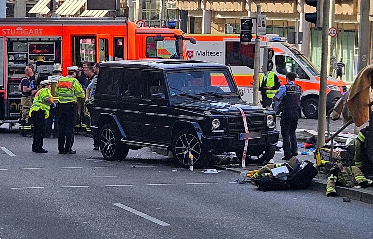 Police and other members of the emergency services work at the scene where a car crashed in to a group of people in Stuttgart, southern Germany on May 2, 2025 injuring several people. Police in the southern German city of Stuttgart said Germany on May 2, 2025 there were 