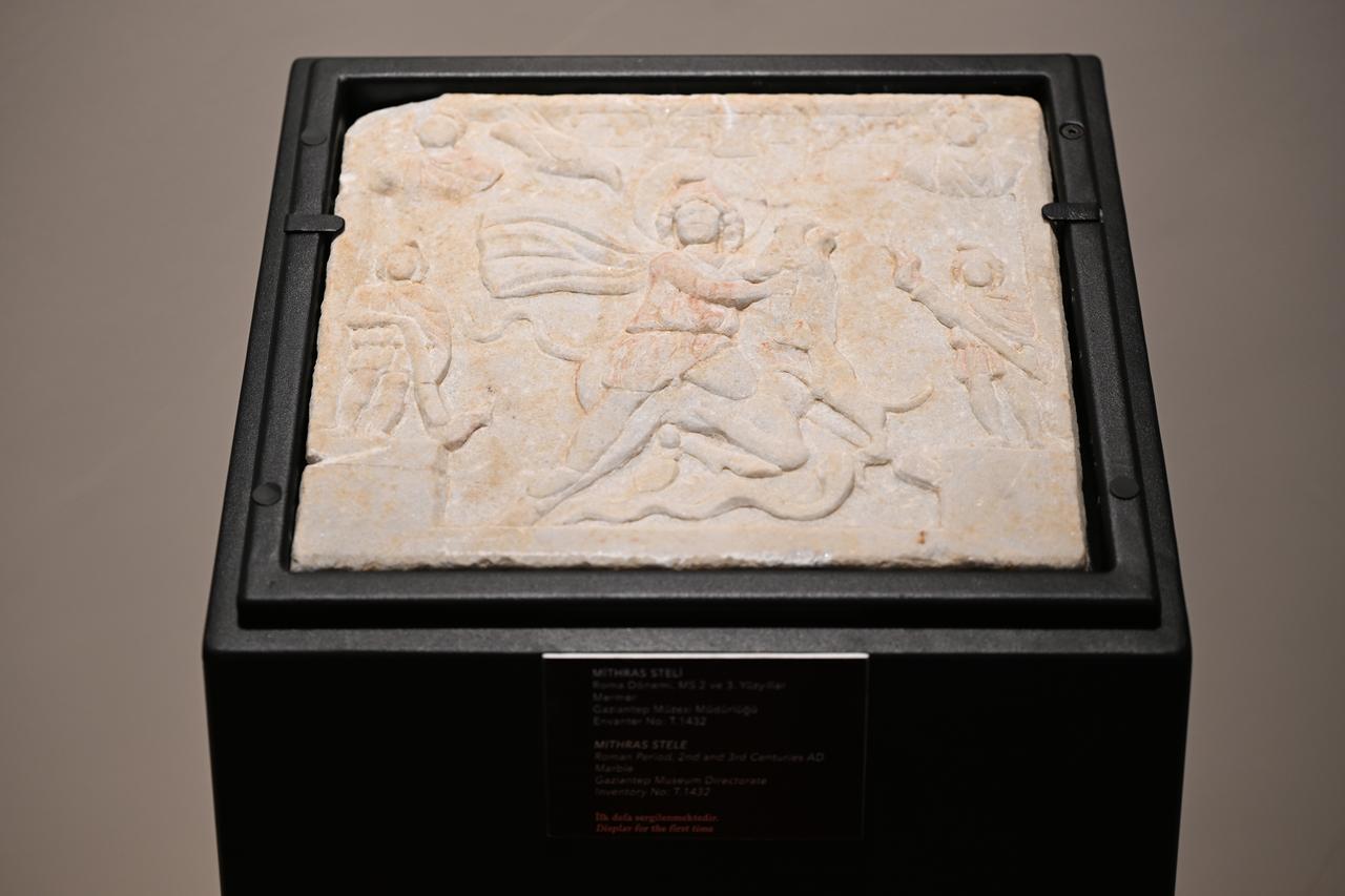 The Mithras relief, unearthed from the ancient city of Zeugma and showcased at the "Zeugma IV. Scythica Legion" exhibition at the Gaziantep Zeugma Mosaic Museum, Türkiye, May 19, 2025. (AA Photo)
