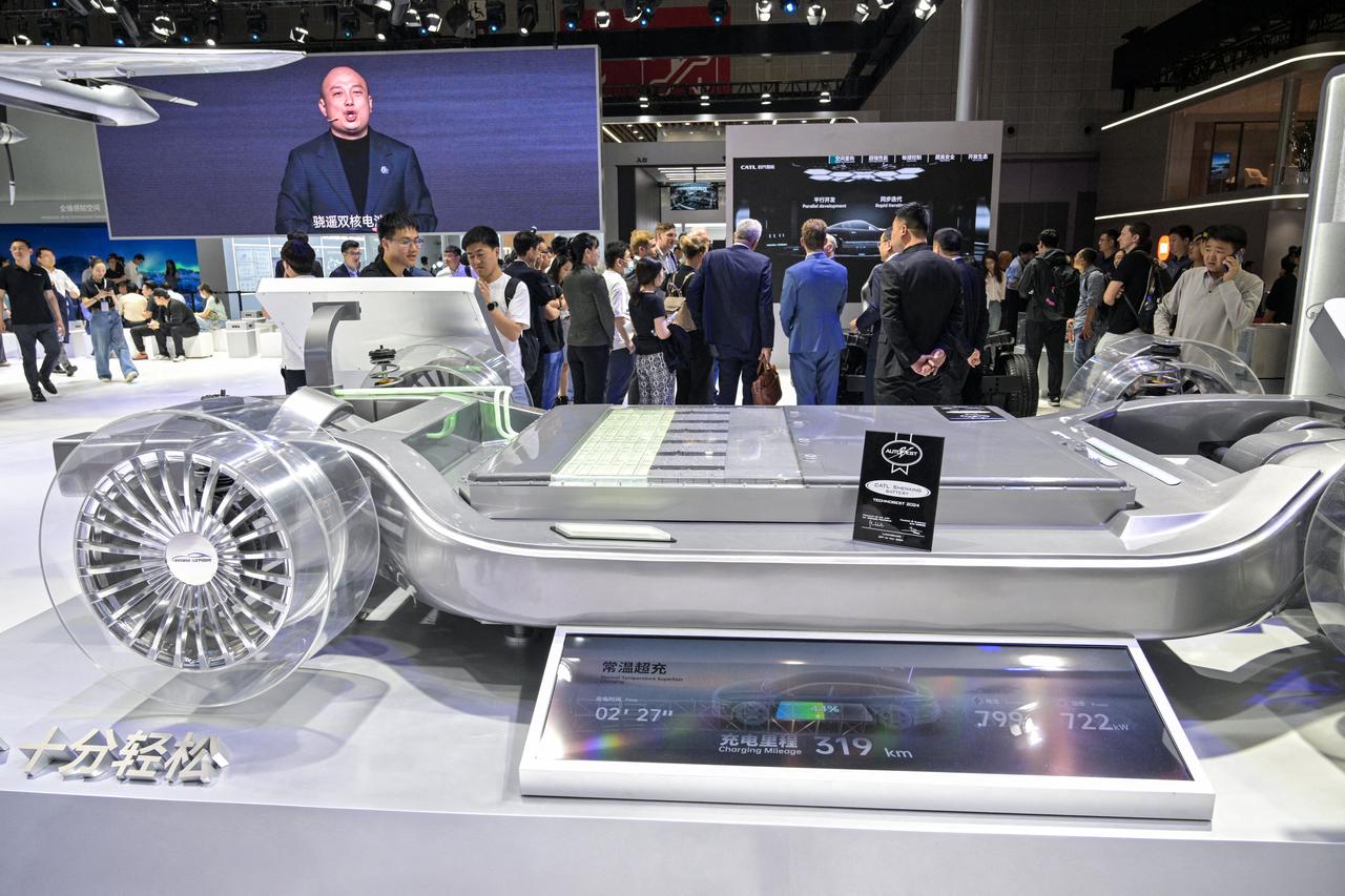 A CATL Shenxing battery is displayed during the 21st Shanghai International Automobile Industry Exhibition at the National Exhibition and Convention Center in Shanghai on April 24, 2025. (AFP Photo)