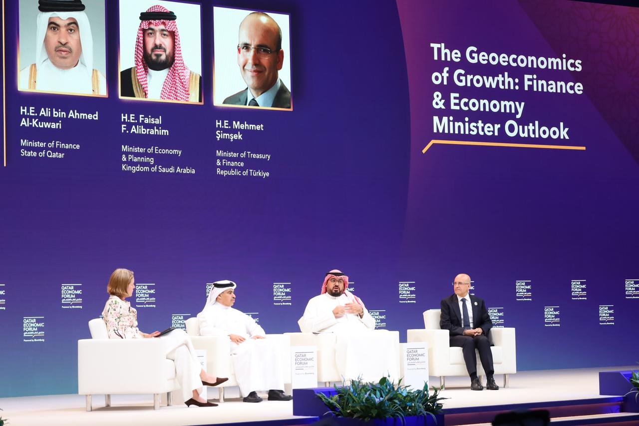 Turkish Treasury and Finance Minister Mehmet Simsek (R), Ali bin Ahmed Al-Kuwari (2nd L), Minister of Finance, State of Qatar, and Faisal F. Alibrahim (2nd R), Minister of Economy & Planning, Kingdom of Saudi Arabia, attend The Geoeconomics of Growth: Finance & Economy Minister Outlook session of the Qatar Economic Forum 2025 in Doha, Qatar on May 20, 2025. (AA Photo)