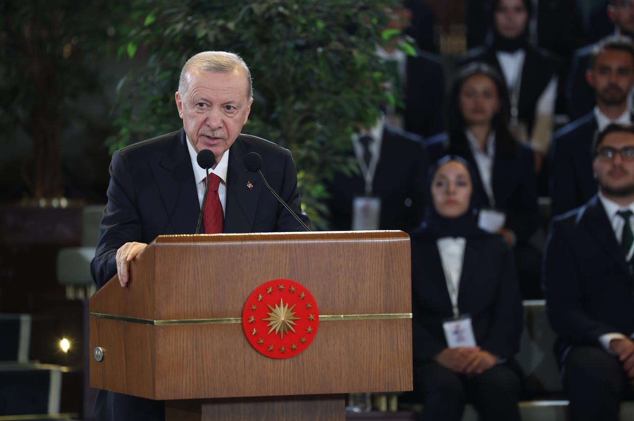  President Recep Tayyip Erdogan makes a speech as he meets with young people and national athletes at the Presidential Nation’s Library on the occasion of May 19 Commemoration of Ataturk, Youth and Sports Day in Ankara, Turkiye, on May 19, 2025. (TUR Presidency / Mustafa Kamaci - Anadolu Agency)