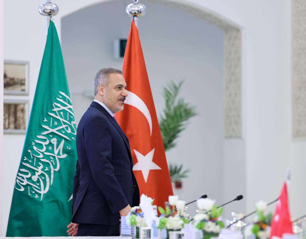 RIYADH, SAUDI ARABIA - MAY 18: (----EDITORIAL USE ONLY - MANDATORY CREDIT - TURKISH FOREIGN MINISTRY / HANDOUT - NO MARKETING NO ADVERTISING CAMPAIGNS - DISTRIBUTED AS A SERVICE TO CLIENTS----) Turkish Foreign Minister Hakan Fidan meets with Saudi Arabian Foreign Minister Faisal bin Farhan Al Saud (not seen) during the 2nd Meeting of Turkish-Saudi Coordination Council in Riyadh, Saudi Arabia on May 18, 2025.?? ( Turkish Foreign Ministry - Anadolu Agency )
