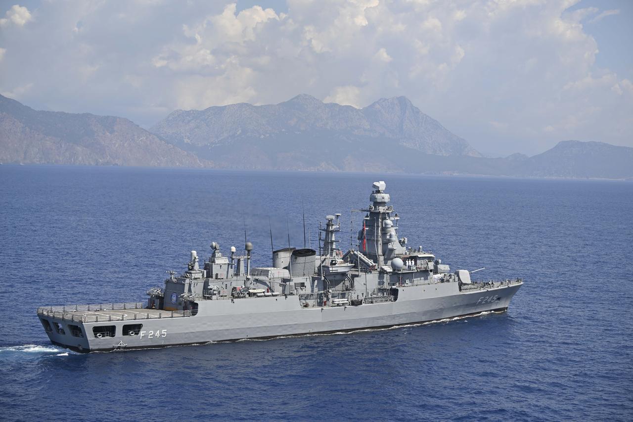TCG Orucreis (F-245) friagate of Turkish Naval Forces Command during Seawolf-II/2025 exercise in the Black Sea, the Sea of Marmara, the Aegean Sea, and the Eastern Mediterranean, in Antalya, Türkiye on May 14, 2025. (AA Photo)