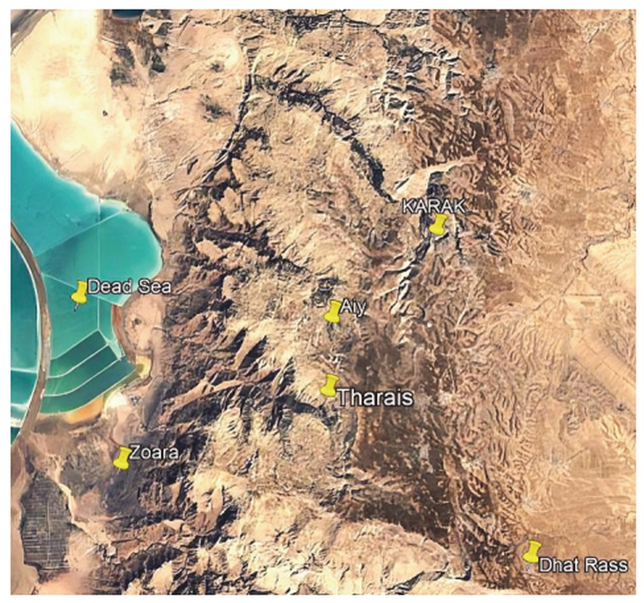 Karak, Aiy, Zoar, and Tharais. (Image via Google Satellite Map)