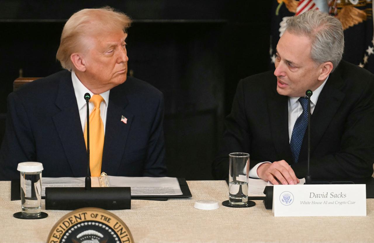President Trump listens to David Sacks, the White House czar for AI and crypto, at a White House summit on digital assets on March 7, 2025. (AFP Photo)
